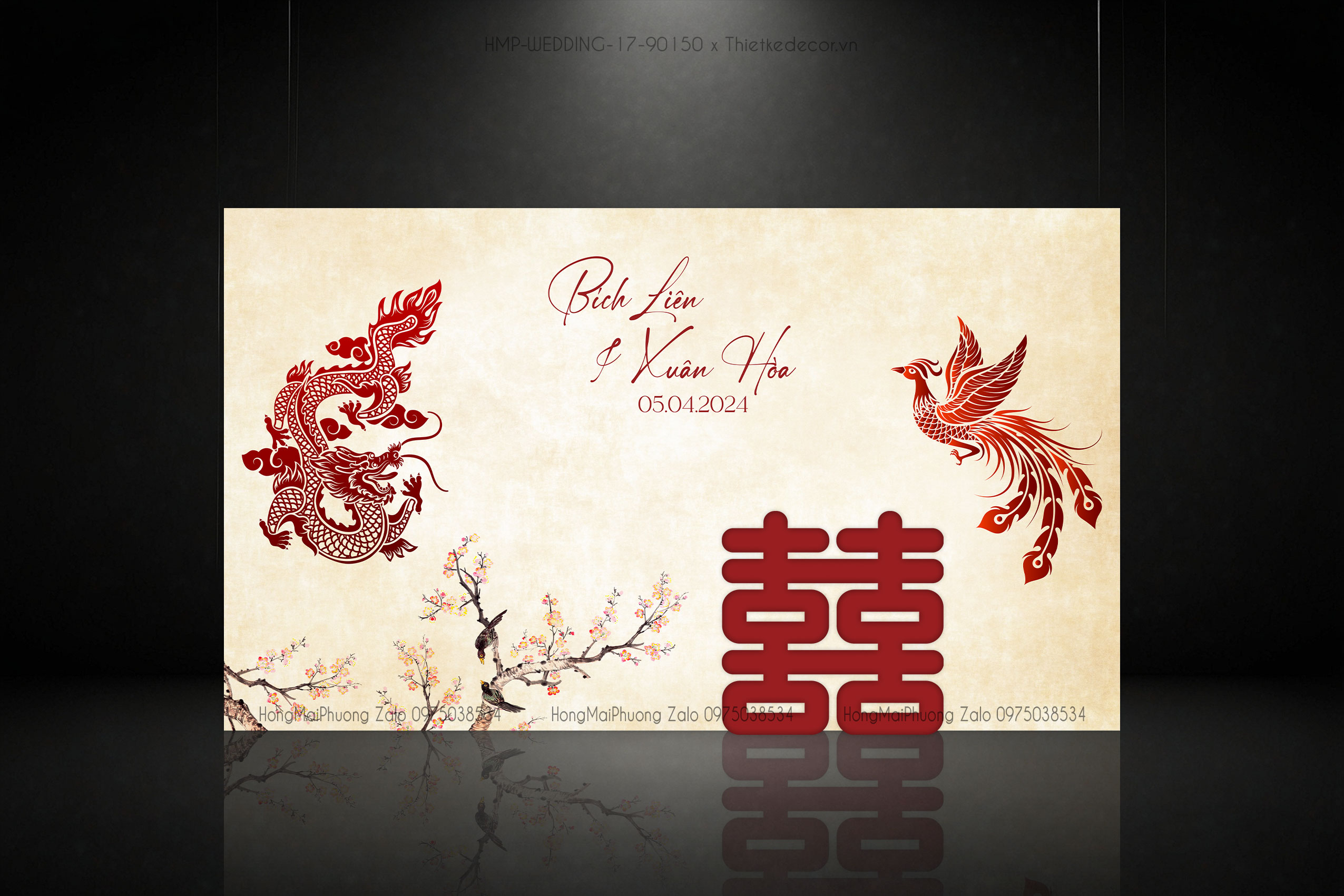 Backdrop check in tiệc cưới rồng phượng nền Vintage